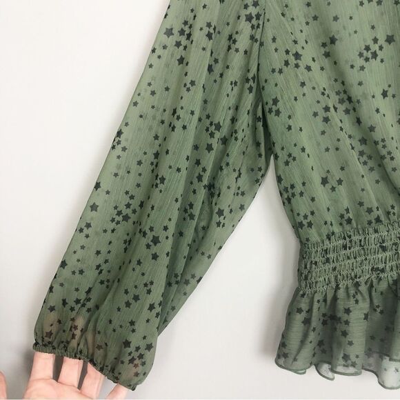 ASOS | Star Print Sheer Green Blouse Tie Front Ruffle Bottom Women’s Size 8 - Picture 6 of 10